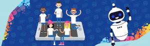 Young people on a digital tablet with a robot, celebrating the Intel AI Global Impact Festival